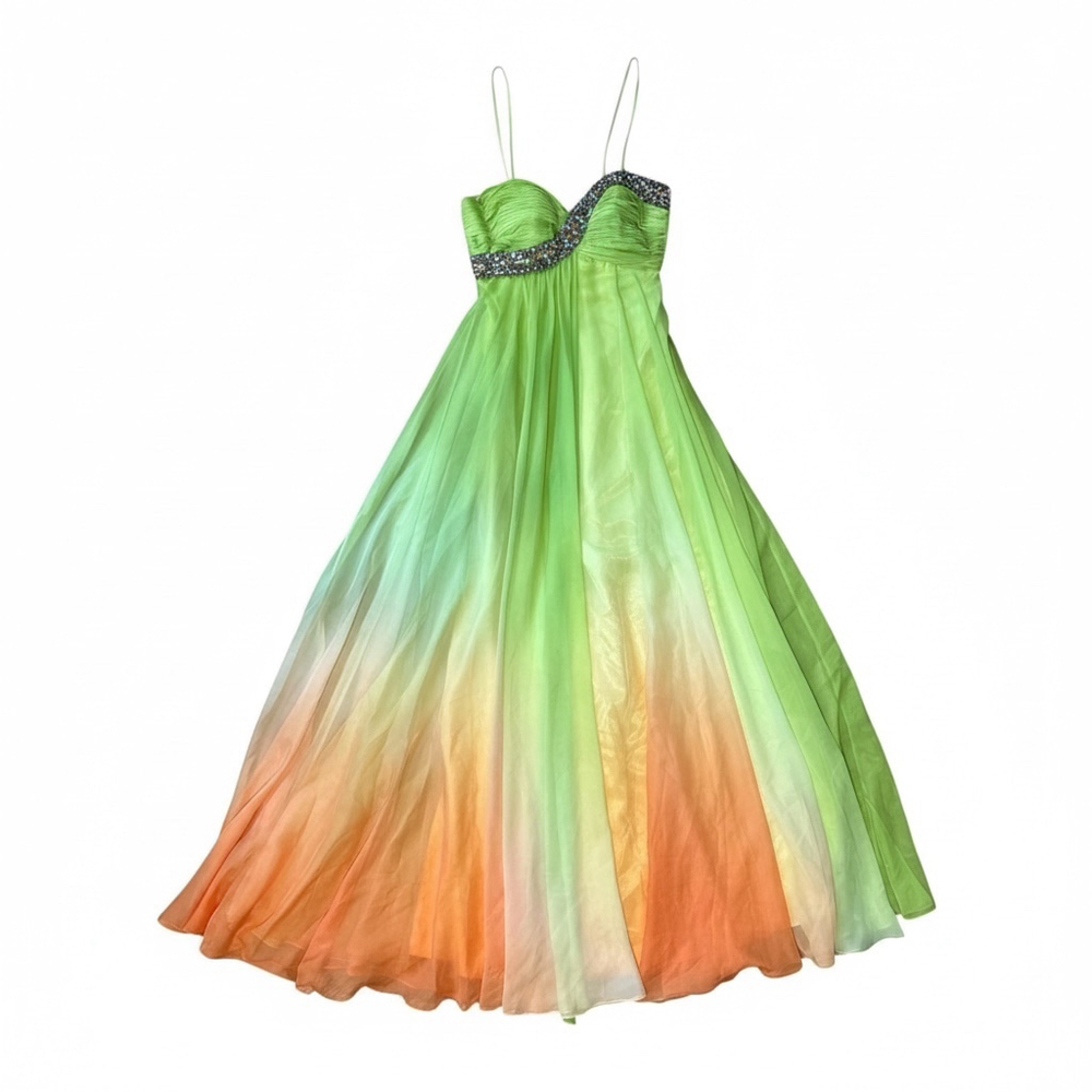 Dave & Johnny Ombre Strapless Evening Gown, Lime Green to Peach Gradient,